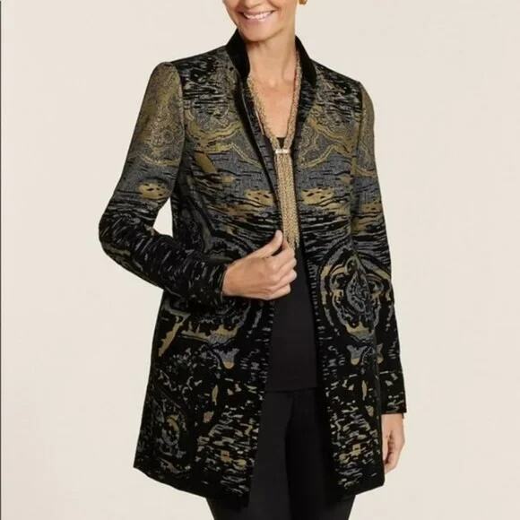 Chico's Flocked Tapestry Duster Jacket Size Large /2 Black Gold Pockets Velvet - Picture 10 of 10